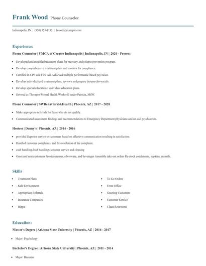 Phone Counselor Resume
