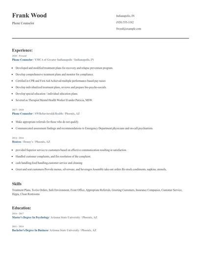 Phone Counselor Resume