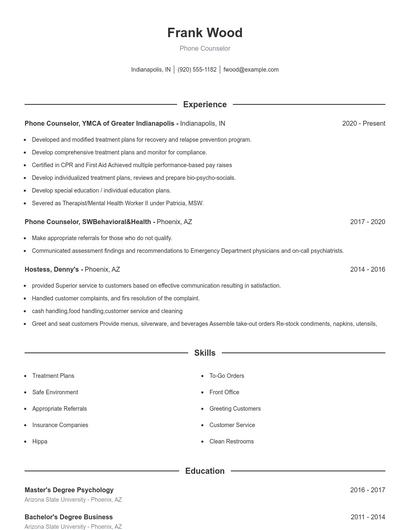 Phone Counselor Resume