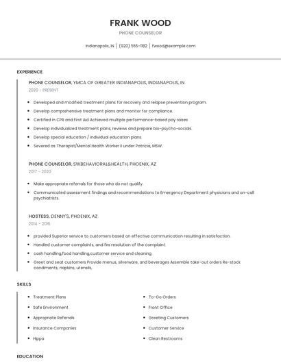 Phone Counselor Resume