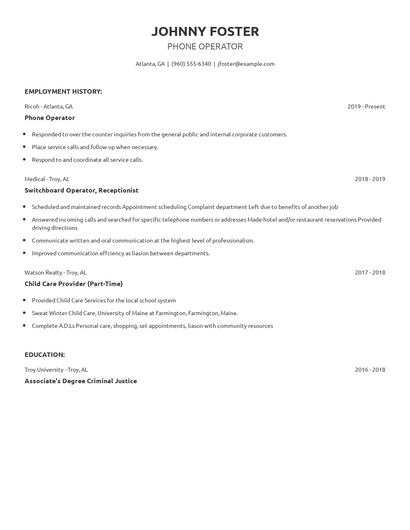 Phone Operator Resume