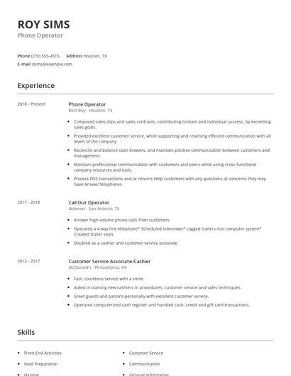 Phone Operator Resume