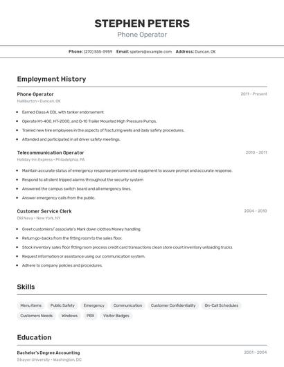Phone Operator Resume
