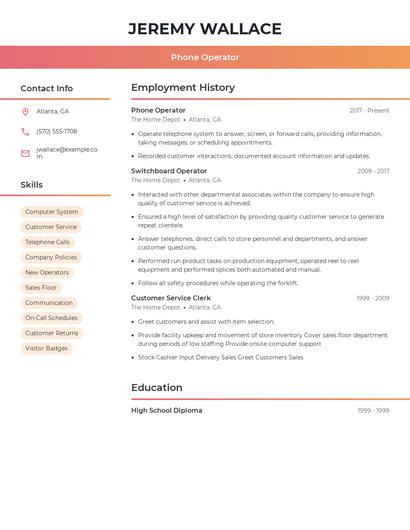 Phone Operator Resume