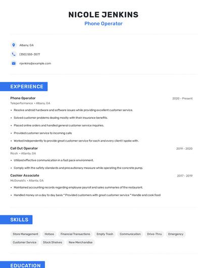 Phone Operator Resume