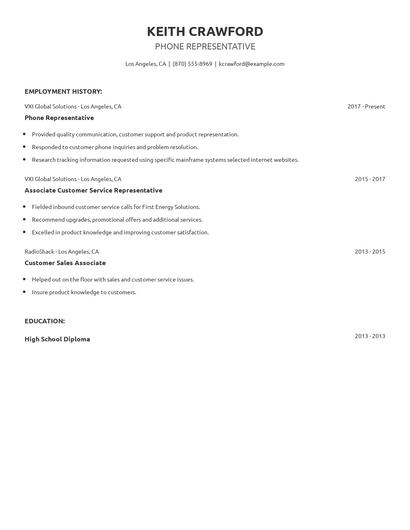 Phone Representative Resume