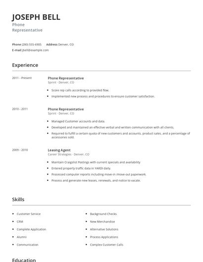 Phone Representative Resume