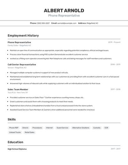 Phone Representative Resume