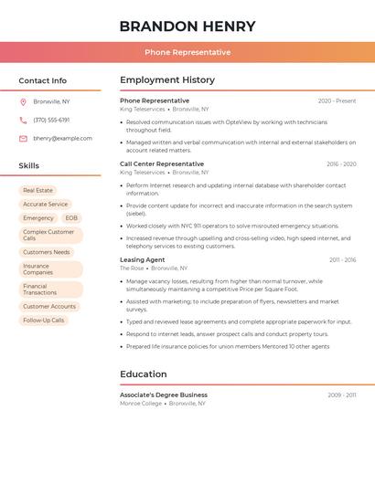 Phone Representative Resume