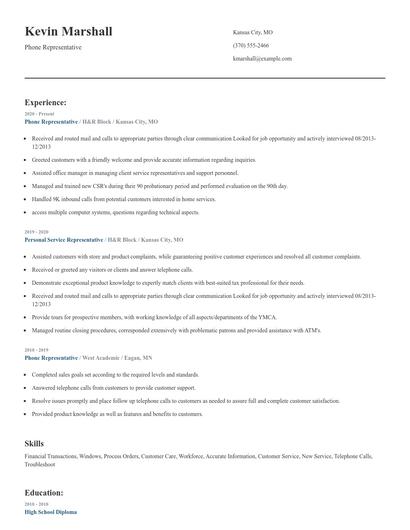 Phone Representative Resume