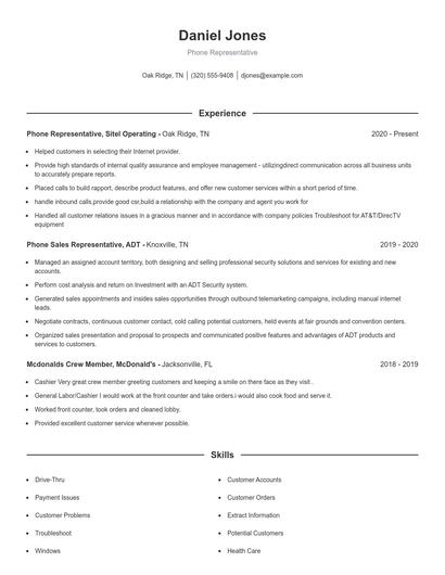 Phone Representative Resume