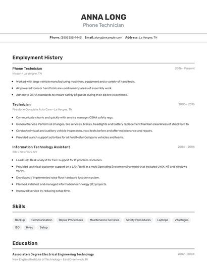Phone Technician Resume