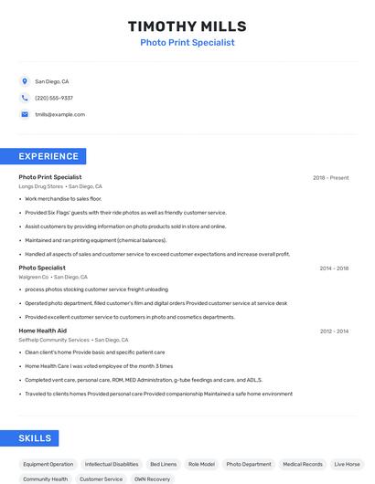 Photo Print Specialist Resume