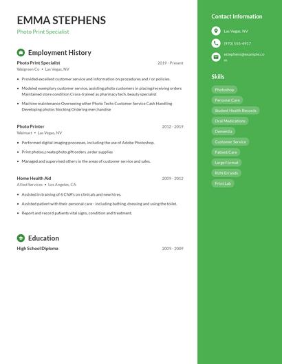Photo Print Specialist Resume