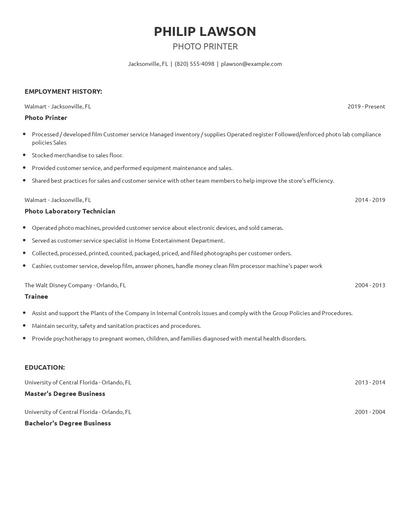 Photo Printer Resume