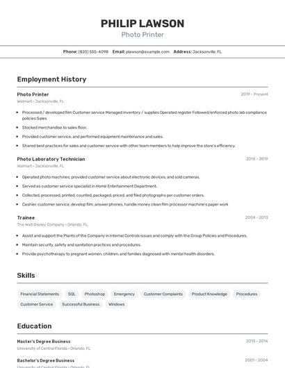 Photo Printer Resume