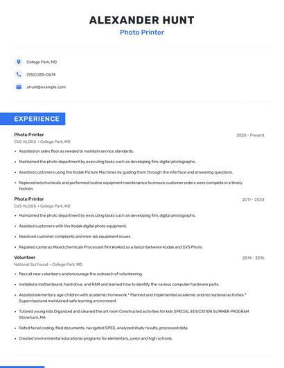 Photo Printer Resume