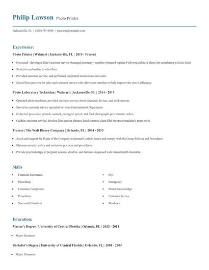 Photo Printer Resume