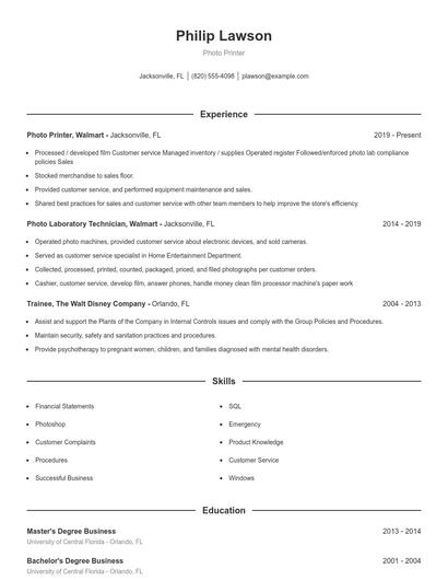 Photo Printer Resume