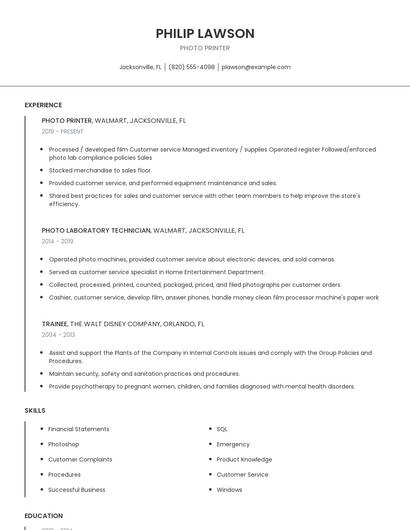 Photo Printer Resume