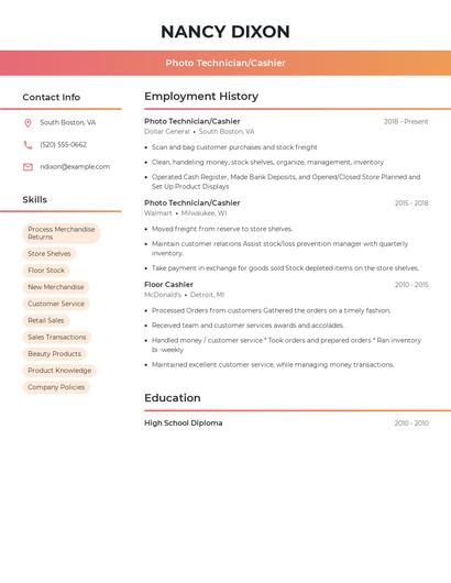 Photo Technician/Cashier Resume