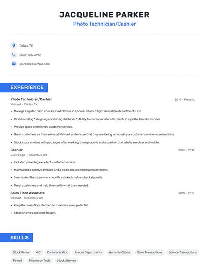 Photo Technician/Cashier Resume