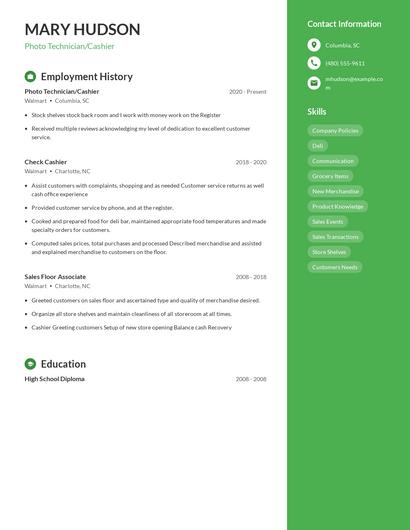 Photo Technician/Cashier Resume