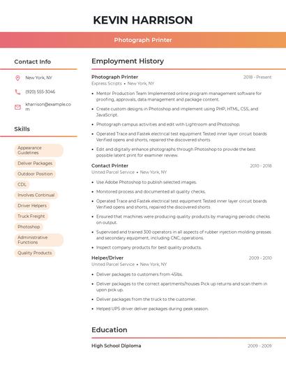 Photograph Printer Resume