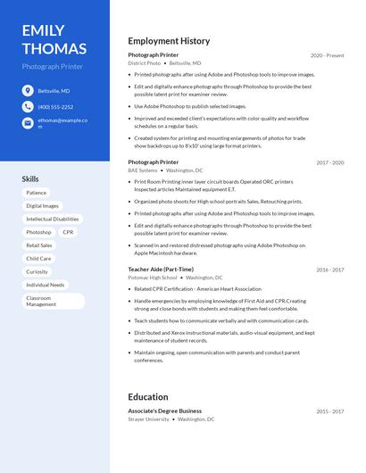 Photograph Printer Resume
