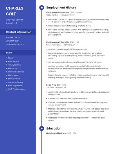 Photographer Assistant Resume