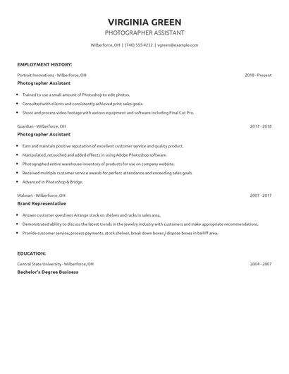Photographer Assistant Resume