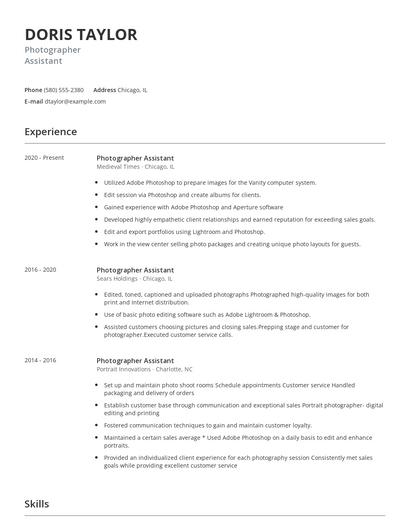 Photographer Assistant Resume