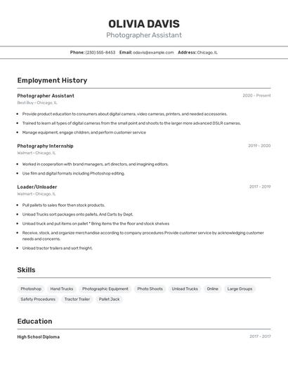 Photographer Assistant Resume