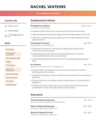 Photographer Assistant Resume