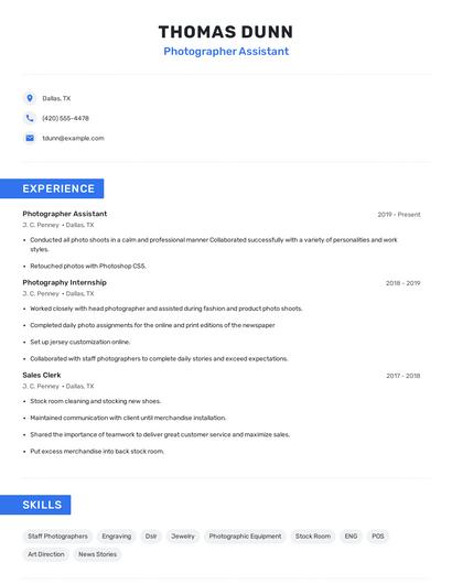 Photographer Assistant Resume
