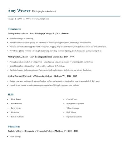 Photographer Assistant Resume