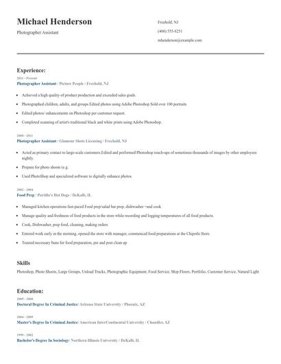 Photographer Assistant Resume