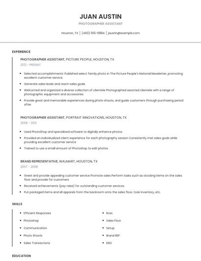 Photographer Assistant Resume