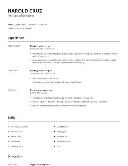 Photographer Helper Resume