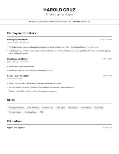 Photographer Helper Resume