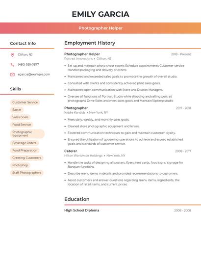 Photographer Helper Resume