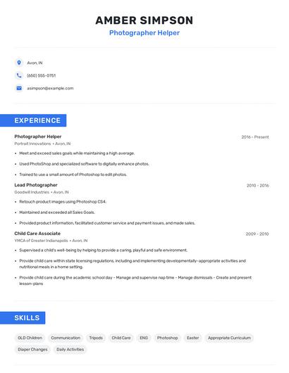 Photographer Helper Resume