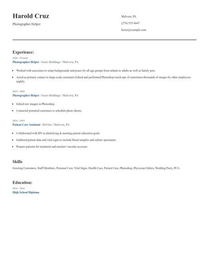 Photographer Helper Resume