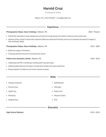 Photographer Helper Resume