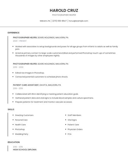 Photographer Helper Resume