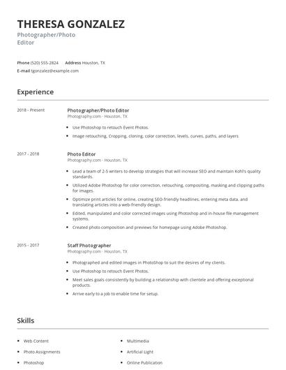 Photographer/Photo Editor Resume