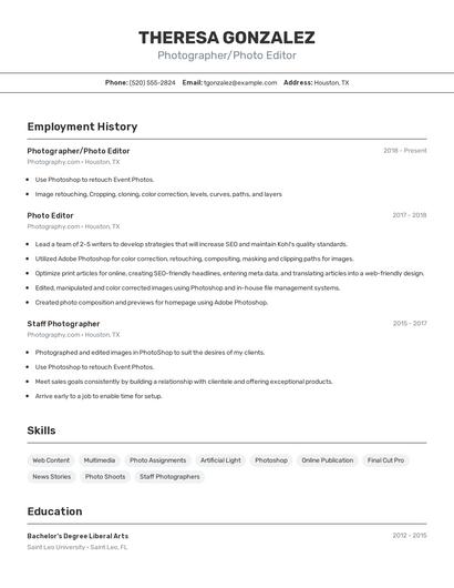 Photographer/Photo Editor Resume