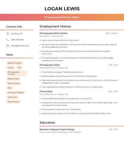 Photographer/Photo Editor Resume