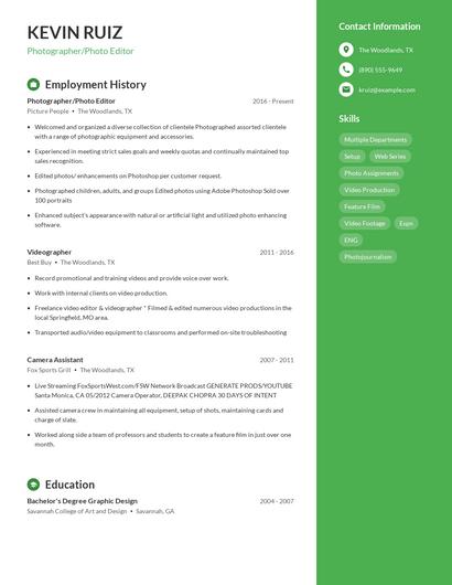 Photographer/Photo Editor Resume