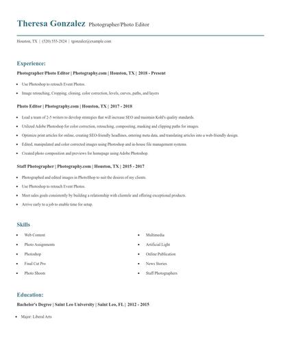 Photographer/Photo Editor Resume